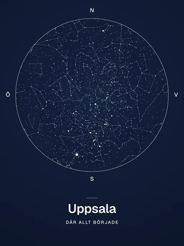 Stjärnkarta i midnattsblått med underrubriken Där allt började, Uppsala 14 februari 2020 klockan 20.00