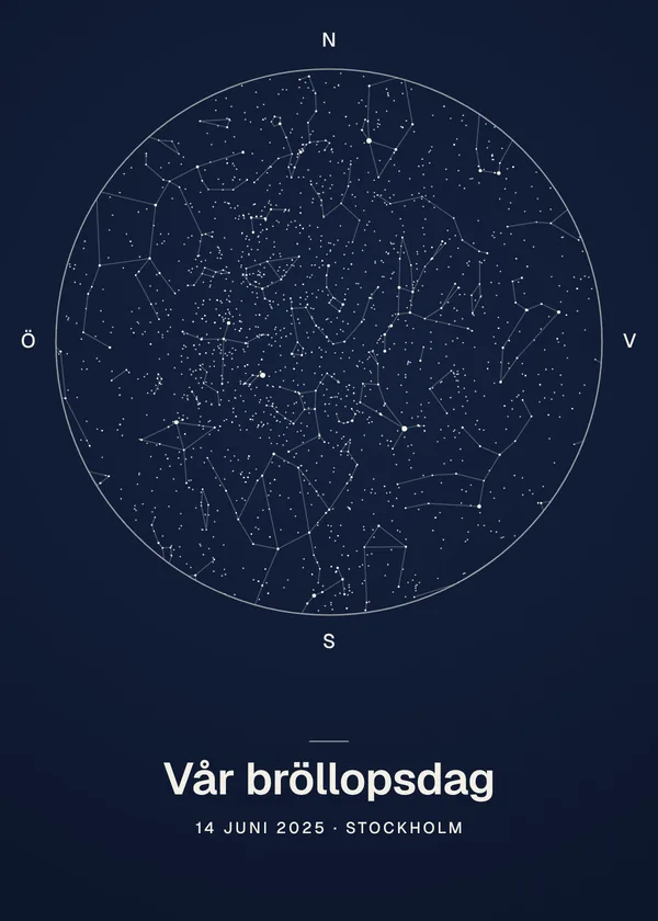 Stjärnkarta i midnattsblått med rubriken Vår bröllopsdag, Stockholm 14 juni 2025 klockan 23.30