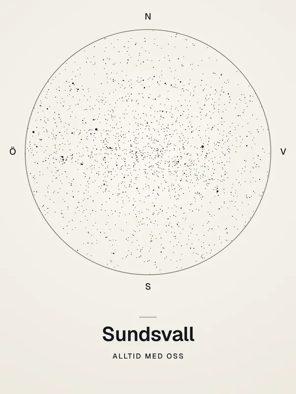 Vit stjärnkarta utan stjärnbildslinjer med underrubriken Alltid med oss, Sundsvall 9 oktober 1948 klockan 22.00