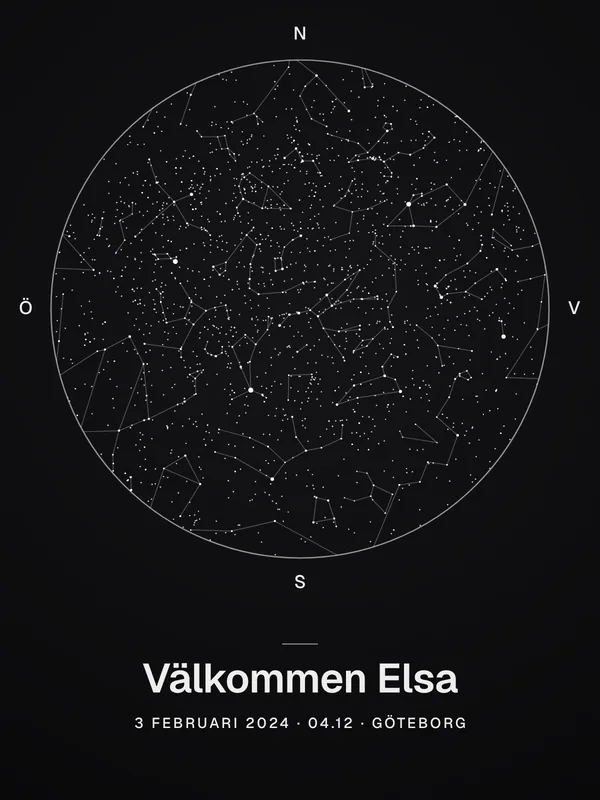 Stjärnkarta i svart med rubriken Välkommen Elsa, Göteborg 3 februari 2024 klockan 04.12